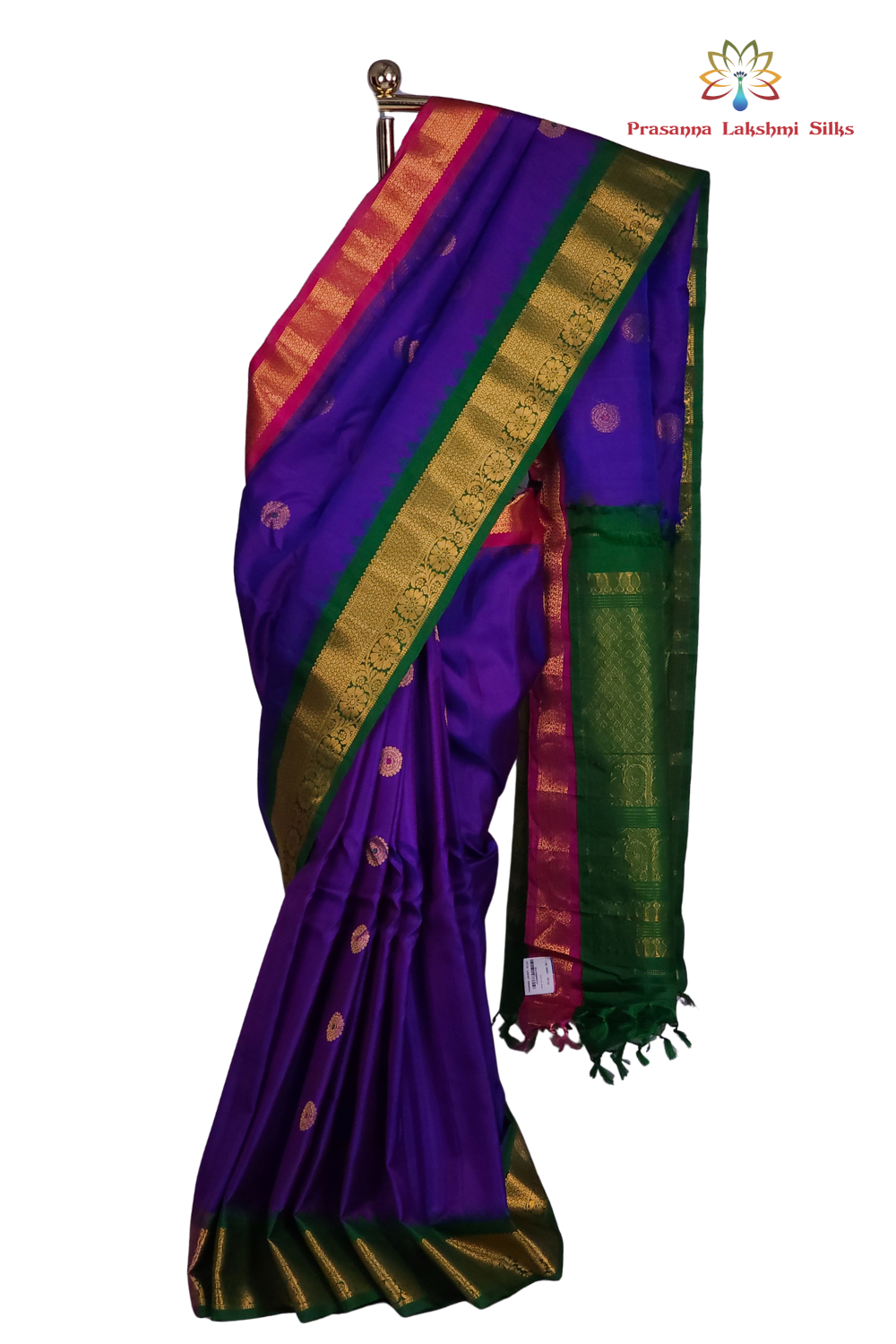 Violet Handloom Gadwal Pure Silk Saree with Green and Pink Ganga Jamuna zari woven borders and brocade pallu


