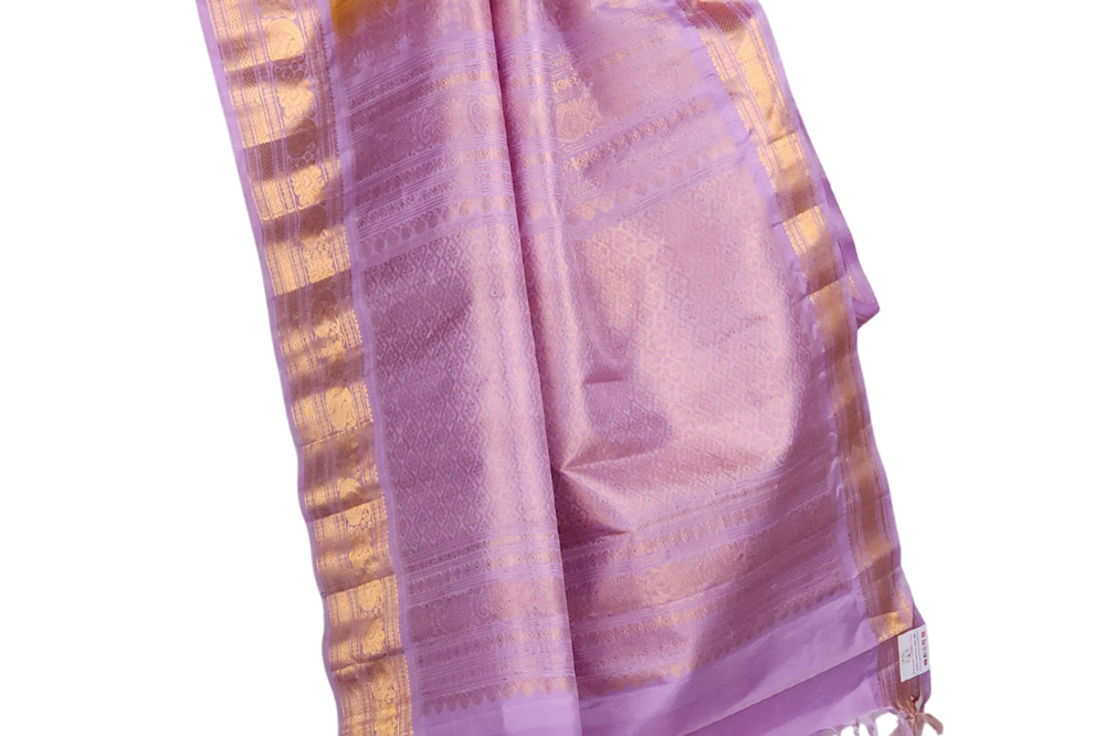 Yellow Handloom Gadwal Pure Silk Saree with lavender zari woven border and rich brocade pallu

