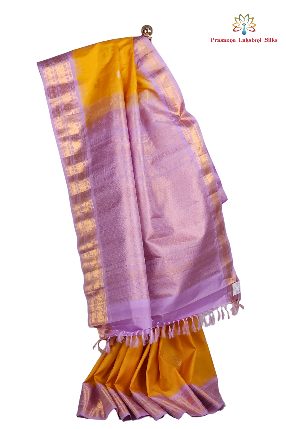 Yellow Handloom Gadwal Pure Silk Saree with lavender zari woven border and rich brocade pallu

