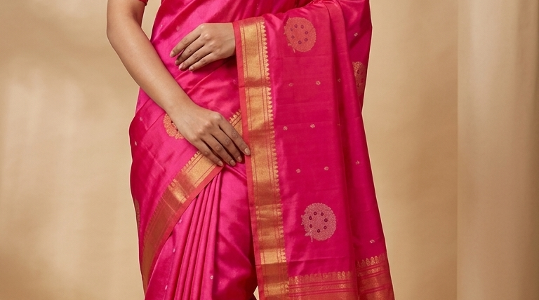 Pure handloom Gadwal silk saree with all-over zari motifs and intricate turning borders
