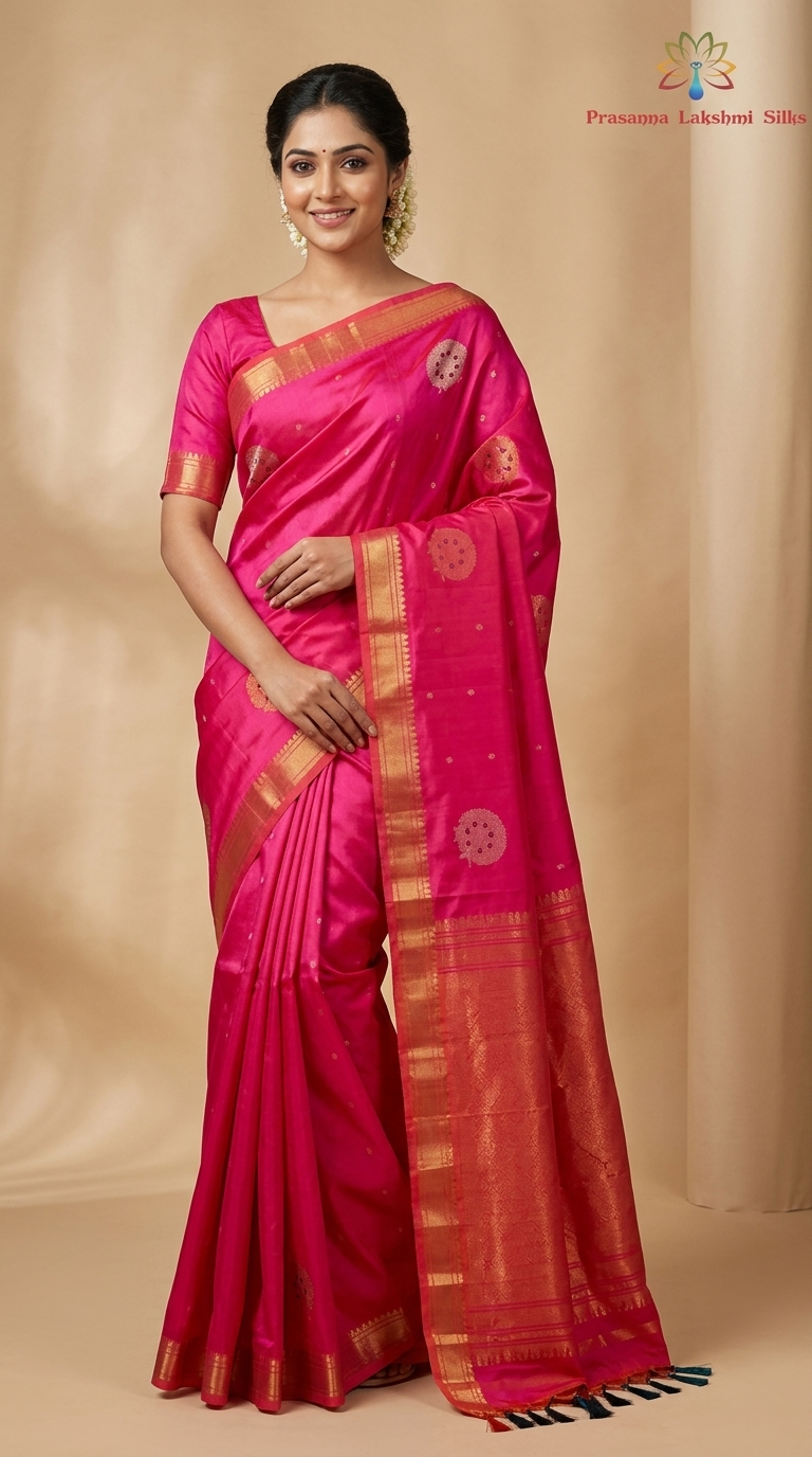 Pure handloom Gadwal silk saree with all-over zari motifs and intricate turning borders
