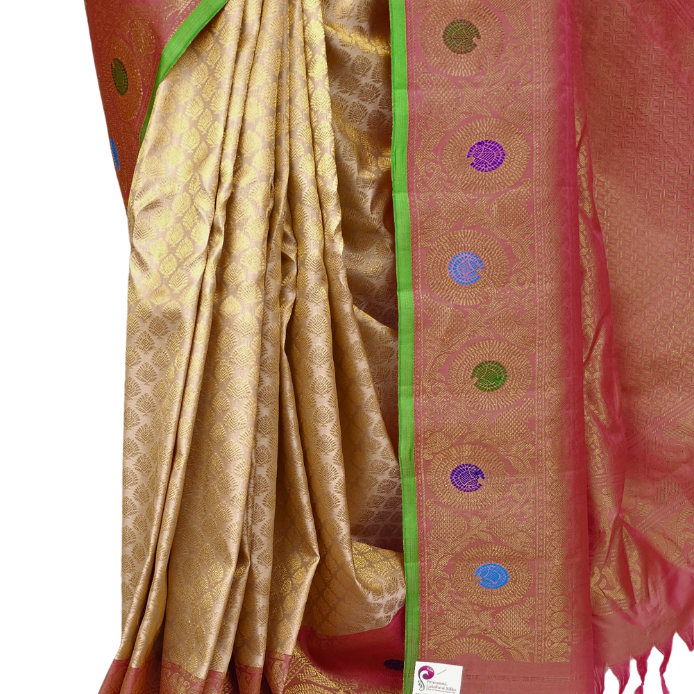 Silk Mark certified Cream Gadwal silk saree with intricate all-over zari brocade design and Meena borders


