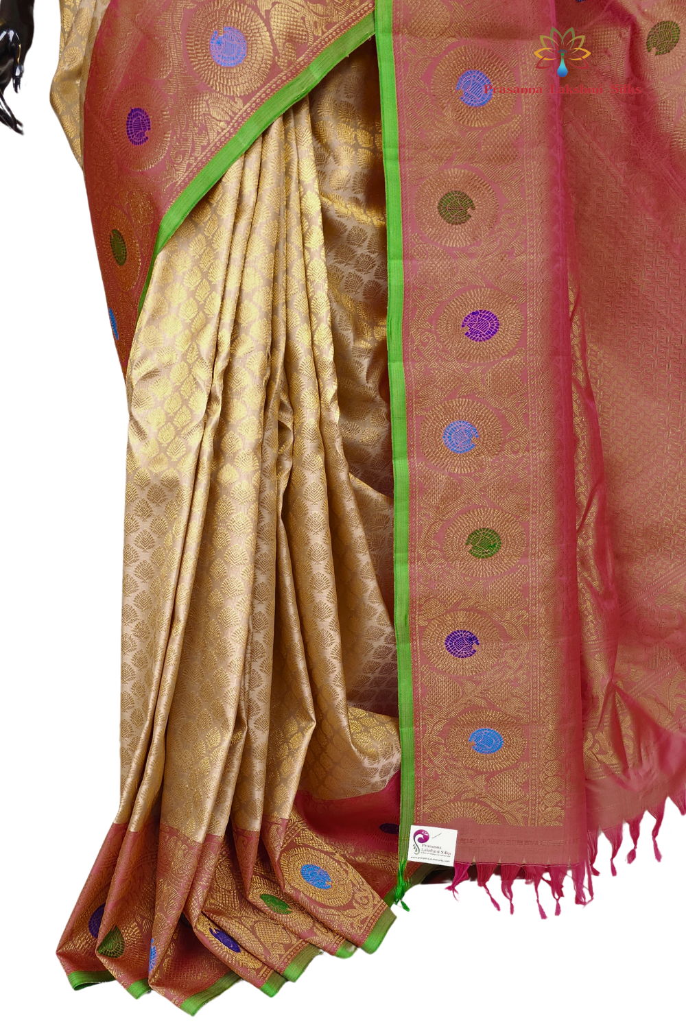 Silk Mark certified Cream Gadwal silk saree with intricate all-over zari brocade design and Meena borders

