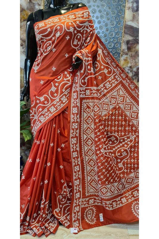 Buy Blended Silk Gujrati Kantha Stitch Saree Online,