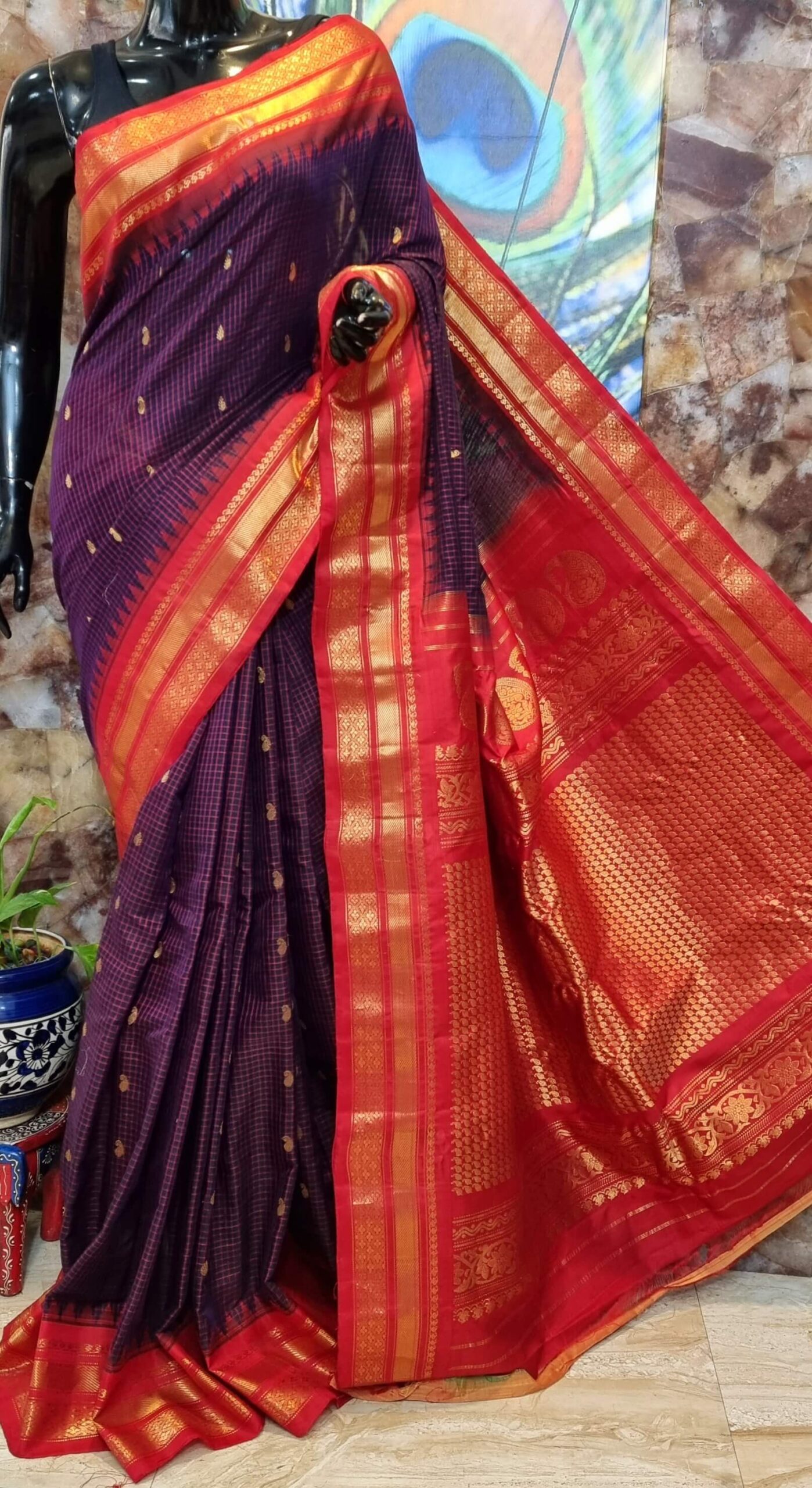 Pure gadwal silk saree dual shade of pink and dual shade of violet wit –  Prashanti Sarees